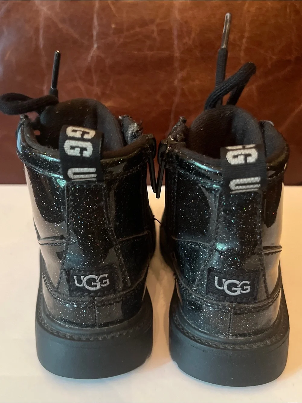 UGG Kids Black Robley Glitter Combat Lace Zipper Boots Sz 8